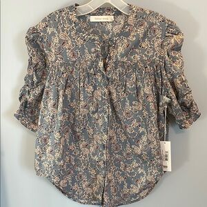 Bishop + Young Rachel ruched sleeve Blue Paisley print Anthropologie Medium